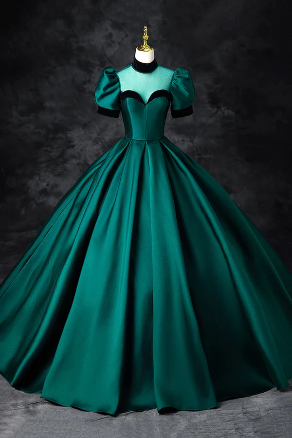 Wholesale Green Satin Long Prom Dress Elegant A-Line Short Sleeve Formal Evening Dress